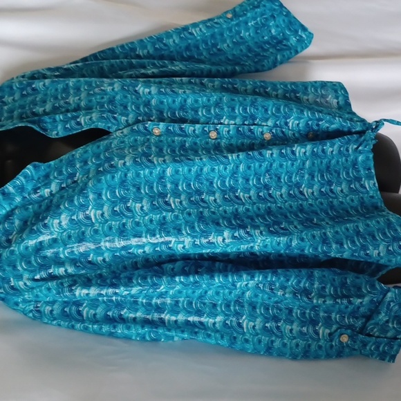 Heart of Palms Abstract Turquoise Top or jacket,  button & waist tie, shiny - Picture 3 of 7